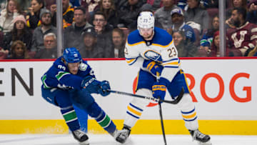 Oct 22, 2022; Vancouver, British Columbia, CAN; Vancouver Canucks forward Vasily Podkolzin (92) stick checks Buffalo Sabres defenseman Mattias Samuelsson (23) in the first period at Rogers Arena. Mandatory Credit: Bob Frid-USA TODAY Sports
