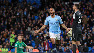 MANCHESTER, ENGLAND - MARCH 09: Raheem Sterling of Manchester City celebrates after scoring his team's first goal during the Premier League match between Manchester City and Watford FC at Etihad Stadium on March 09, 2019 in Manchester, United Kingdom. (Photo by Matt McNulty - Manchester City/Man City via Getty Images)