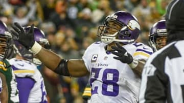 Jan 3, 2016; Green Bay, WI, USA; Minnesota Vikings running back Adrian Peterson (28) reacts after scoring a touchdown in the third quarter during the game against the Green Bay Packers at Lambeau Field. The Vikings beat the Packers 20-13. Mandatory Credit: Benny Sieu-USA TODAY Sports