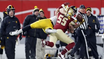 NEW YORK, NY - DECEMBER 27: Isaiah McDuffie #55 of the Boston College Eagles is called for pass interference on T.J. Hockenson #38 of the Iowa Hawkeyes during the second half of the New Era Pinstripe Bowl at Yankee Stadium on December 27, 2017 in the Bronx borough of New York City. The Iowa Hawkeyes won 27-20. (Photo by Adam Hunger/Getty Images)