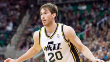 Jan 7, 2014; Salt Lake City, UT, USA; Utah Jazz shooting guard Gordon Hayward (20) dribbles during the second half against the Oklahoma City Thunder at EnergySolutions Arena. The Jazz won 112-101. Mandatory Credit: Russ Isabella-USA TODAY Sports