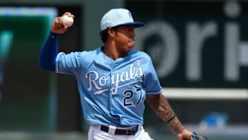 KANSAS CITY, MO - JUNE 17: Adalberto Mondesi of the Kansas City Royals throws to first base to get the out on Alex Bregman of the Houston Astros in the seventh inning at Kauffman Stadium on June 17, 2018 in Kansas City, Missouri. (Photo by Ed Zurga/Getty Images)