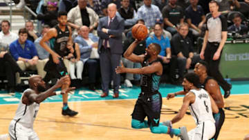 CHARLOTTE, NC - FEBRUARY 22: Kemba Walker #15 of the Charlotte Hornets shoots the ball against the Brooklyn Nets on February 22, 2018 at Spectrum Center in Charlotte, North Carolina. NOTE TO USER: User expressly acknowledges and agrees that, by downloading and or using this photograph, User is consenting to the terms and conditions of the Getty Images License Agreement. Mandatory Copyright Notice: Copyright 2018 NBAE (Photo by Brock Williams-Smith/NBAE via Getty Images)