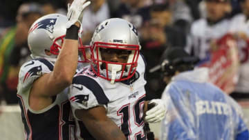 Nov 20, 2016; Santa Clara, CA, USA; New England Patriots wide receiver Malcolm Mitchell (19) celebrates with wide receiver Danny Amendola (80) after a touchdown against the San Francisco 49ers during the fourth quarter at Levi