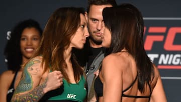 ST. LOUIS, MO - JANUARY 13: (L-R) Kalindra Faria of Brazil and Jessica Eye face off during the UFC Fight Night weigh-in on January 13, 2018 in St. Louis, Missouri. (Photo by Josh Hedges/Zuffa LLC/Zuffa LLC via Getty Images)