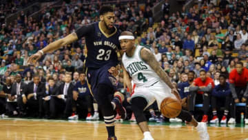 Jan 7, 2017; Boston, MA, USA; Boston Celtics guard Isaiah Thomas (4) drives on New Orleans Pelicans forward Anthony Davis (23) during the second half of the Boston Celtics 117-108 win over the New Orleans Pelicans at TD Garden. Mandatory Credit: Winslow Townson-USA TODAY Sports