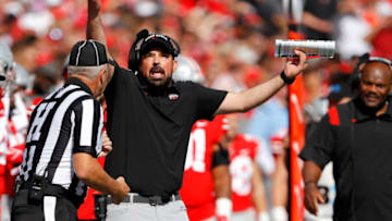 Oct 9, 2021; Columbus, Ohio, USA; Ohio State Buckeyes head coach Ryan Day reacts to a late hit penalty during the first quarter against the Maryland Terrapins at Ohio Stadium. Mandatory Credit: Joseph Maiorana-USA TODAY Sports