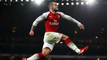 LONDON, ENGLAND - JANUARY 03: Jack Wilshere of Arsenal celebrates after scoring his sides first goal during the Premier League match between Arsenal and Chelsea at Emirates Stadium on January 3, 2018 in London, England. (Photo by Julian Finney/Getty Images)