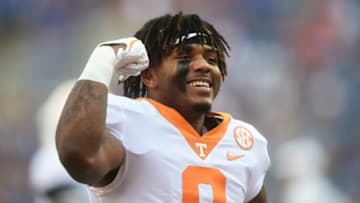 Tennessee running back Tiyon Evans (8) runs out on the field before an NCAA football game against Florida at Ben Hill Griffin Stadium in Gainesville, Florida on Saturday, Sept. 25, 2021.Tennflorida0925 0200