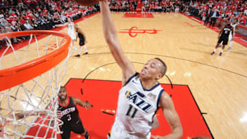 HOUSTON, TX - MAY 2: Dante Exum #11 of the Utah Jazz dunks the ball against the Houston Rockets in Game Two of Round Two of the 2018 NBA Playoffs on May 2, 2018 at the Toyota Center in Houston, Texas. Copyright 2018 NBAE (Photo by Bill Baptist/NBAE via Getty Images)