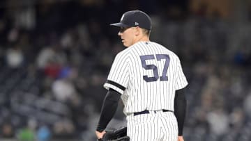 NEW YORK, NEW YORK - APRIL 18: Chad Green #57 of the New York Yankees pitches against the Kansas City Royals at Yankee Stadium on April 18, 2019 in New York City. The Royals defeated the Yankees 6-1. (Photo by Steven Ryan/Getty Images)