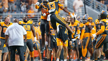 Sep 9, 2023; Knoxville, Tennessee, USA; Tennessee Volunteers defensive back Wesley Walker (13) celebrates a play against the Austin Peay Governors during the second half at Neyland Stadium. Mandatory Credit: Randy Sartin-USA TODAY Sports