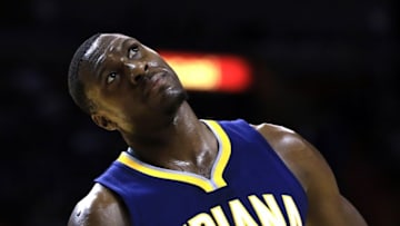 Feb 22, 2016; Miami, FL, USA; Indiana Pacers center Ian Mahinmi reacts after being called for a foul in the first half of a game against the Miami Heat at American Airlines Arena. Mandatory Credit: Robert Mayer-USA TODAY Sports