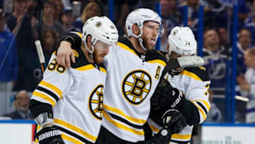 TAMPA, FL - MAY 6: David Backes #42 of the Boston Bruins is helped off the ice after getting hit against the Tampa Bay Lightning during Game Five of the Eastern Conference Second Round during the 2018 NHL Stanley Cup Playoffs at Amalie Arena on May 6, 2018 in Tampa, Florida. (Photo by Scott Audette/NHLI via Getty Images)