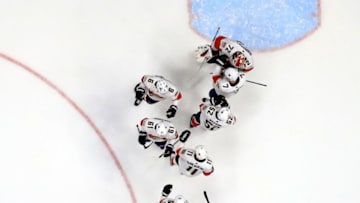 ANAHEIM, CALIFORNIA - FEBRUARY 19: Sergei Bobrovsky #72, Mike Hoffman #68, Brett Connolly #10, Noel Acciari #55, Aleksi Saarela #28, Mark Pysyk #13 , Aleksander Barkov #16, Sam Montembeault #33, and Colton Sceviour #7 of the Florida Panthers celebrate after defeating the Anaheim Ducks 4-1 in a game at Honda Center on February 19, 2020 in Anaheim, California. (Photo by Sean M. Haffey/Getty Images)