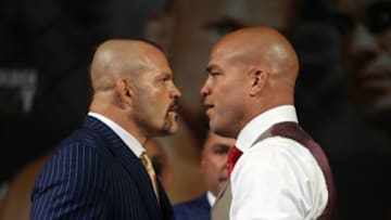 LAS VEGAS, NV - SEPTEMBER 14: Boxers Chuck Liddell and Tito Ortiz go face to face during undercard press conference at the KA Theatre at MGM Grand Hotel & Casino on September 14, 2018 in Las Vegas, Nevada. (Photo by Omar Vega/Getty Images)
