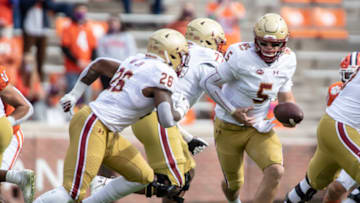Oct 31, 2020; Clemson, SC, USA; Boston College quarterback Phil Jurkovec (5) takes the snap during the first quarter of the game against Boston College at Memorial Stadium. Mandatory Credit: Josh Morgan-USA TODAY Sports