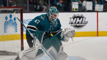 Apr 26, 2022; San Jose, California, USA; San Jose Sharks goaltender James Reimer (47) warms up before the start of the first period against the Anaheim Ducks at SAP Center at San Jose. Mandatory Credit: Stan Szeto-USA TODAY Sports