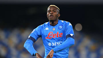 NAPLES, ITALY - MARCH 07: Victor Osimhen of SSC Napoli celebrates after scoring their side's second goal during the Serie A match between SSC Napoli and Bologna FC at Stadio Diego Armando Maradona on March 07, 2021 in Naples, Italy. Sporting stadiums around Italy remain under strict restrictions due to the Coronavirus Pandemic as Government social distancing laws prohibit fans inside venues resulting in games being played behind closed doors. (Photo by Francesco Pecoraro/Getty Images)