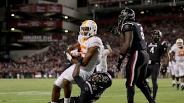 COLUMBIA, SC - OCTOBER 27: Jauan Jennings #15 of the Tennessee Volunteers scores a touchdown against Steven Montac #22 of the South Carolina Gamecocks during their game at Williams-Brice Stadium on October 27, 2018 in Columbia, South Carolina. (Photo by Streeter Lecka/Getty Images)
