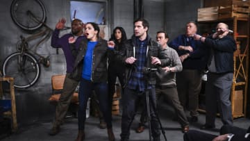 BROOKLYN NINE-NINE -- "Suicide Squad" Episode 618 - Pictured: (l-r) Terry Crews as Sgt. Terry Jeffords, Melissa Fumero as Amy Santiago, Stephanie Beatriz as Rosa Diaz, Andy Samberg as Jake Peralta, Joe Lo Truglio as Charles Boyle, Joel McKinnon Miller as Norm Scully, Dirk Blocker as Michael Hitchcock -- (Photo by: John P. Fleenor/NBC)