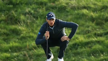 PARIS, FRANCE - OCTOBER 18: Nicolas Colsaerts of Belgium lines up a putt on the 14th green during Day two of the Open de France at Le Golf National on October 18, 2019 in Paris, France. (Photo by Andrew Redington/Getty Images)