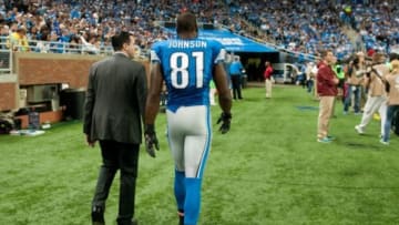 Oct 5, 2014; Detroit, MI, USA; Detroit Lions wide receiver Calvin Johnson (81) leaves the field during the third quarter against the Buffalo Bills at Ford Field. Mandatory Credit: Tim Fuller-USA TODAY Sports
