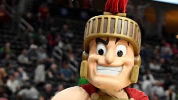 LAS VEGAS, NV - MARCH 09: USC Trojans mascot Tommy Trojan stands on the court during the team's semifinal game of the Pac-12 basketball tournament against the Oregon Ducks at T-Mobile Arena on March 9, 2018 in Las Vegas, Nevada. The Trojans won 74-54. (Photo by Ethan Miller/Getty Images)