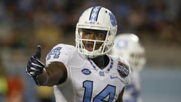 Dec 29, 2015; Orlando, FL, USA; North Carolina Tar Heels wide receiver Quinshad Davis (14) signals to his quarterback during the second half of a football game against the Baylor Bears at Florida Citrus Bowl.Baylor won 49-38. Mandatory Credit: Reinhold Matay-USA TODAY Sports