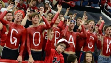 Jan 25, 2015; Raleigh, NC, USA; North Carolina State Wolfpack fans cheer prior to a game against the Notre Dame Fighting Irish at PNC Arena. The Fighting Irish won 81-78 in overtime. Mandatory Credit: Rob Kinnan-USA TODAY Sports