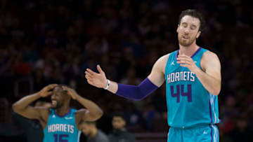 PHILADELPHIA, PA - MARCH 2: Frank Kaminsky #44 and Kemba Walker #15 of the Charlotte Hornets react after a foul was called in the second quarter against the Philadelphia 76ers at the Wells Fargo Center on March 2, 2018 in Philadelphia, Pennsylvania. NOTE TO USER: User expressly acknowledges and agrees that, by downloading and or using this photograph, User is consenting to the terms and conditions of the Getty Images License Agreement. (Photo by Mitchell Leff/Getty Images)