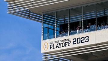 Nov 18, 2023; Fort Worth, Texas, USA; A view of the 2023 College Football Playoff logo during the game between the TCU Horned Frogs and the Baylor Bears at Amon G. Carter Stadium. Mandatory Credit: Jerome Miron-USA TODAY Sports