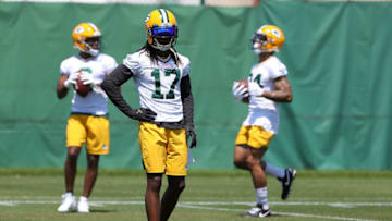 ASHWAUBENON, WISCONSIN - JUNE 08: Davante Adams #17 of the Green Bay Packers works out during training camp at Ray Nitschke Field on June 08, 2021 in Ashwaubenon, Wisconsin. (Photo by Stacy Revere/Getty Images)