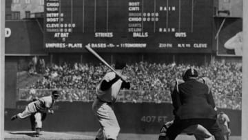 Bob Feller throws to Joe DiMaggio, during his April 30, 1946 no-hitter at Yankee Stadium. (Photo by Hugh Broderick/Library of Congress/Corbis/VCG via Getty Images)