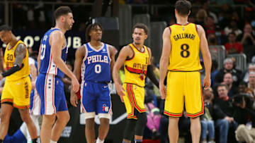 Dec 3, 2021; Atlanta, Georgia, USA; Atlanta Hawks guard Trae Young (11) reacts after getting a technical foul against the Philadelphia 76ers in the second quarter at State Farm Arena. Mandatory Credit: Brett Davis-USA TODAY Sports