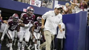 ARLINGTON, TX - SEPTEMBER 29: Texas A&M Aggies head coach Jimbo Fisher leads his team onto the field before the game between the Arkansas Razorbacks and the Texas A&M Aggies on September 29, 2018 at AT&T Stadium in Arlington, Texas. (Photo by Matthew Pearce/Icon Sportswire via Getty Images)