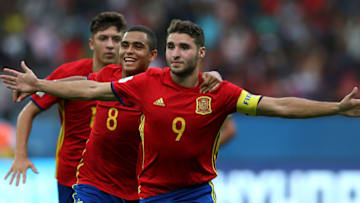 KOCHI, INDIA - OCTOBER 22: Abel Ruiz of Spain celebrates scoring the opening goal during the FIFA U-17 World Cup India 2017 Quarter Final match between Spain and Iran at Jawaharlal Nehru International Stadium on October 22, 2017 in Kochi, India. (Photo by Jan Kruger - FIFA/FIFA via Getty Images)
