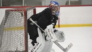 ENGLEWOOD, CO - SEPTEMBER 27: Colorado Avalanche goalie Semyon Varlamov #1 in goal during practice at the Family Sports Center September 27, 2017. (Photo by Andy Cross/The Denver Post via Getty Images)