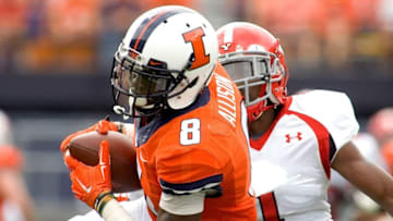 Aug 30, 2014; Champaign, IL, USA; Illinois receiver Geronimo Allison (8) catches a Wes Lunt (not pictured) pass in the game against Youngstown State at Memorial Stadium. Mandatory Credit: Mike Granse-USA TODAY Sports