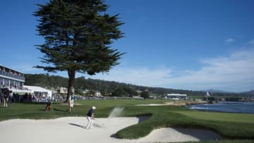 February 14, 2016; Pebble Beach, CA, USA; Jamie Williamson hits out of the bunker on the 18th hole during the final round of the AT&T Pebble Beach National Pro-Am at Pebble Beach Golf Links. Mandatory Credit: Kyle Terada-USA TODAY Sports