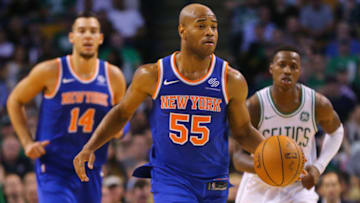 BOSTON, MA - OCTOBER 24: Jarrett Jack #55 of the New York Knicks dribbles against the Boston Celtics during the fourth quarter at TD Garden on October 24, 2017 in Boston, Massachusetts. The Celtics defeat the Knicks 110-89. (Photo by Maddie Meyer/Getty Images)