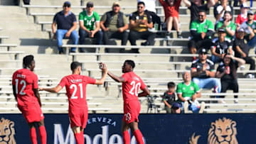 Canada's forward Jonathan David (R) celebrates with midfielder Jonathan Osorio (C) and midfielder Alphonso Davies (L) after scoring past Martinique's goalkeeper Loic Chauvet (off frame) to give Canada a 1-0 lead during the first half on June 15, 2019 during their opening round 2019 Concacaf Gold Cup match at the Rose Bowl in Pasadena, California. (Photo by Frederic J. BROWN / AFP) (Photo credit should read FREDERIC J. BROWN/AFP/Getty Images)