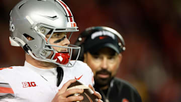MADISON, WISCONSIN - OCTOBER 28: Kyle McCord #6 of the Ohio State Buckeyes warms up during the game against the Wisconsin Badgers at Camp Randall Stadium on October 28, 2023 in Madison, Wisconsin. (Photo by John Fisher/Getty Images)