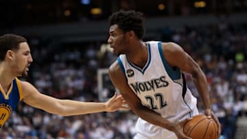 Mar 21, 2016; Minneapolis, MN, USA; Minnesota Timberwolves forward Andrew Wiggins (22) in the fourth quarter against the Golden State Warriors at Target Center. The Golden State Warriors beat the Minnesota Timberwolves 109-104. Mandatory Credit: Brad Rempel-USA TODAY Sports