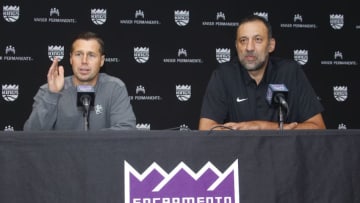 SACRAMENTO, CA - JUNE 24: Head Coach Dave Joerger and General Manager Vlade Divac of the Sacramento Kings address the media at a press conference on September 27, 2017 at the Golden 1 Center in Sacramento, California. NOTE TO USER: User expressly acknowledges and agrees that, by downloading and/or using this Photograph, user is consenting to the terms and conditions of the Getty Images License Agreement. Mandatory Copyright Notice: Copyright 2017 NBAE (Photo by Rocky Widner/NBAE via Getty Images)