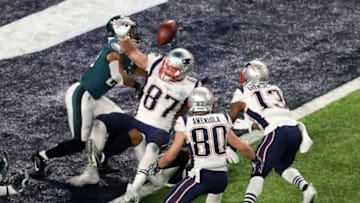 MINNEAPOLIS, MN - FEBRUARY 04: The Philadelphia Eagles intercept an incomplete pass intended for Rob Gronkowski