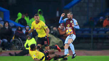 9th December 2017, Turf Moor, Burnley, England; EPL Premier League football, Burnley versus Watford; Marvin Zeegelaar of Watford is sent off in the 39th minute for a high tackle on Steven Defour of Burnley (Photo by Conor Molloy/Action Plus via Getty Images)