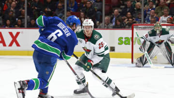 VANCOUVER, BC - DECEMBER 4: Jonas Brodin #25 of the Minnesota Wild looks on as Brock Boeser #6 of the Vancouver Canucks takes a shot on Devan Dubnyk #40 of the Minnesota Wild during their NHL game at Rogers Arena December 4, 2018 in Vancouver, British Columbia, Canada. (Photo by Jeff Vinnick/NHLI via Getty Images)"n