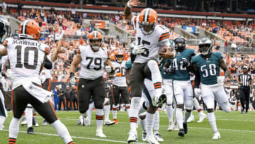 Aug 21, 2022; Cleveland, Ohio, USA; Cleveland Browns quarterback Joshua Dobbs (15) scores a touchdown against the Philadelphia Eagles during the first quarter at FirstEnergy Stadium. Mandatory Credit: Scott Galvin-USA TODAY Sports