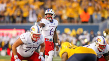 Sep 10, 2022; Morgantown, West Virginia, USA; Kansas Jayhawks quarterback Jalon Daniels (6) during the second quarter against the West Virginia Mountaineers at Mountaineer Field at Milan Puskar Stadium. Mandatory Credit: Ben Queen-USA TODAY Sports